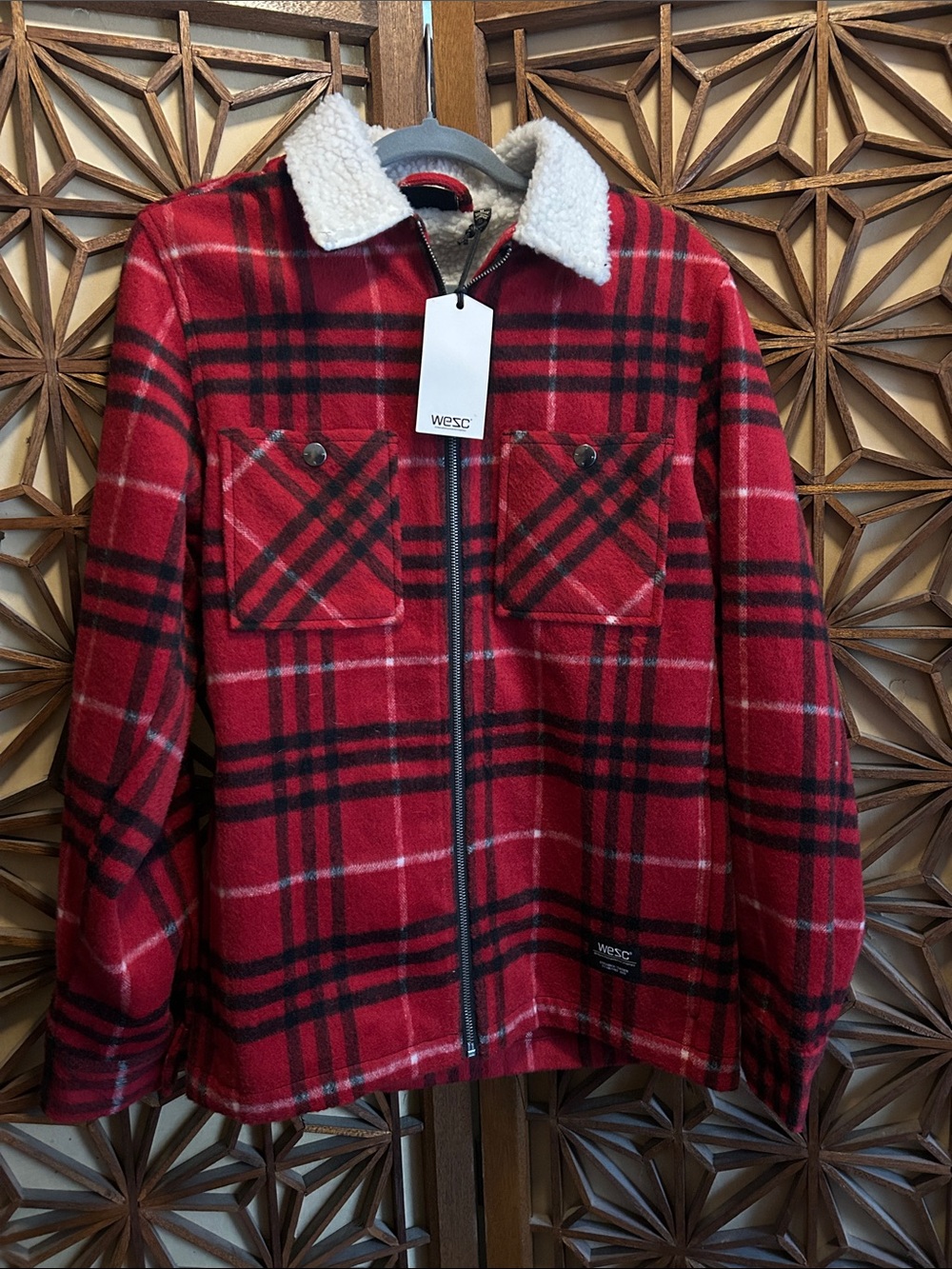 WESC Red and Black Plaid Sherpa Collar Zip Shirt Jacket Men M Women L New